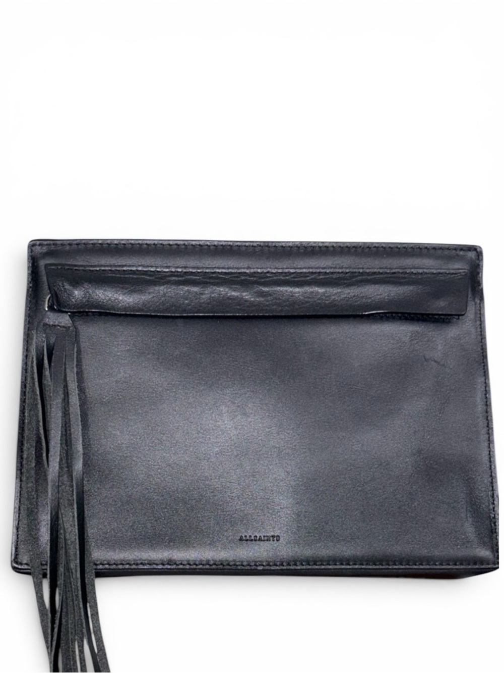AllSaints Kyo Medium Crossbody Black Leather Chain Strap Tassel Clutch